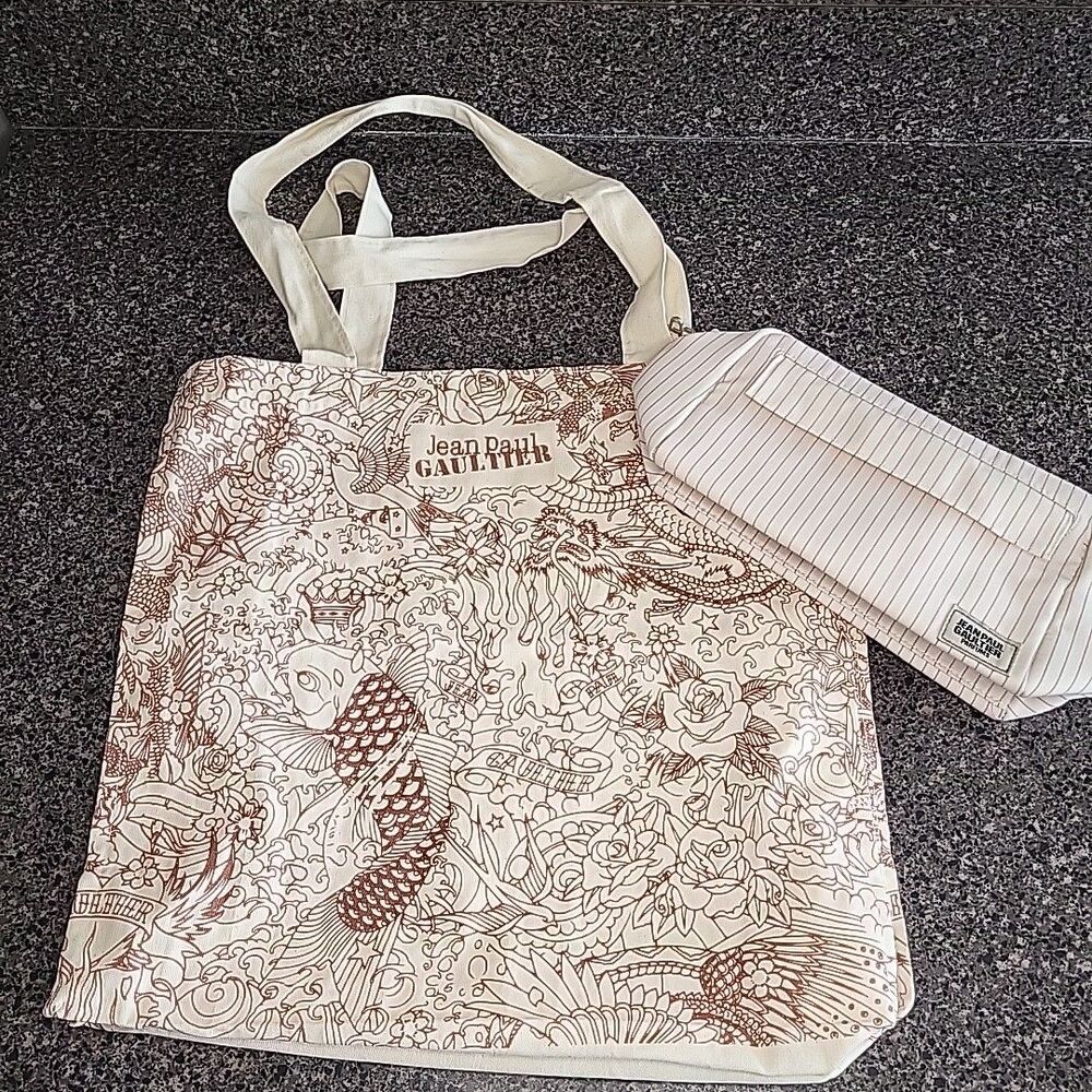 Jean Paul Gaultier‎ Tattoo Tote Bag Fish and Dragon Print Shopper & Makeup Bag